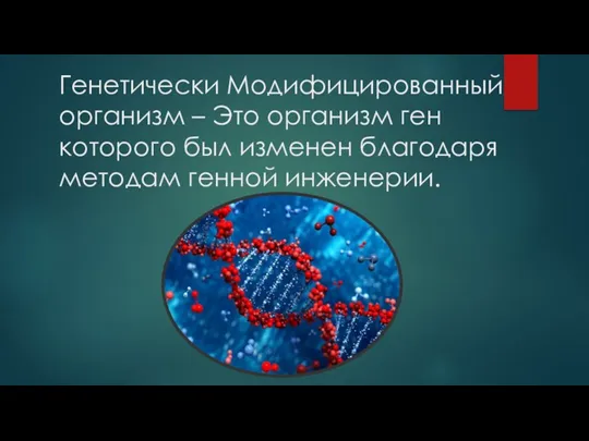 Генетически Модифицированный организм – Это организм ген которого был изменен благодаря методам генной инженерии.