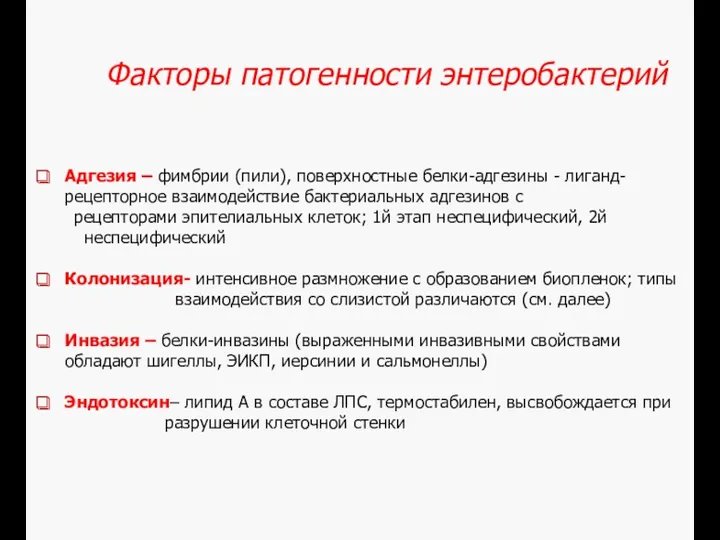 Факторы патогенности энтеробактерий Адгезия – фимбрии (пили), поверхностные белки-адгезины -