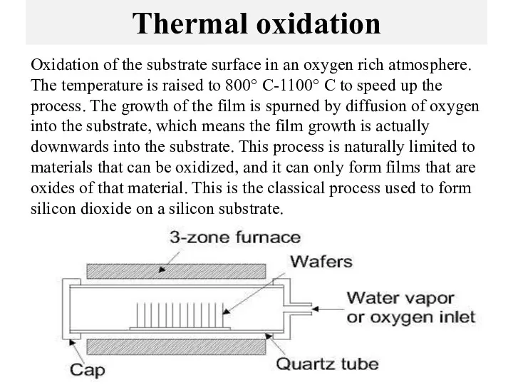 Thermal oxidation Oxidation of the substrate surface in an oxygen