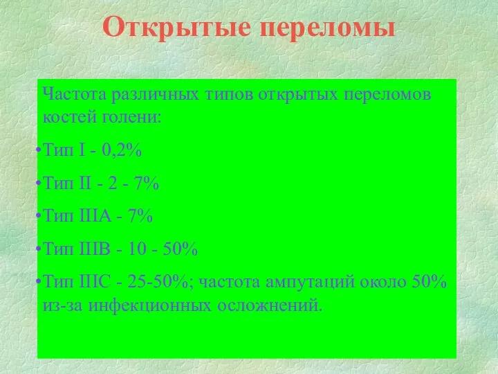 Открытые переломы Частота различных типов открытых переломов костей голени: Тип