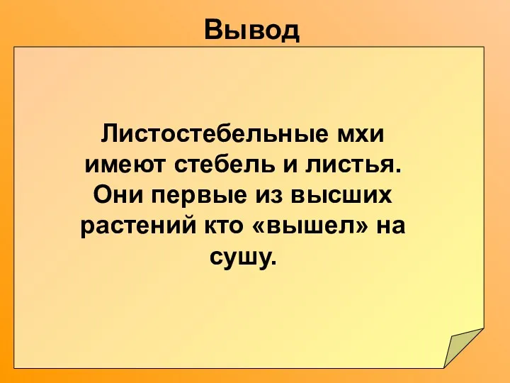 Вывод Листостебельные мхи имеют стебель и листья. Они первые из высших растений кто «вышел» на сушу.