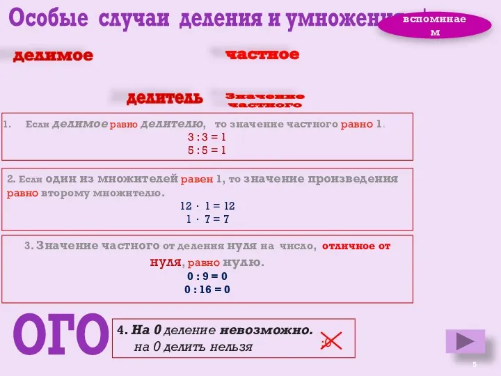 Особые случаи деления и умножения ↓ Если делимое равно делителю,