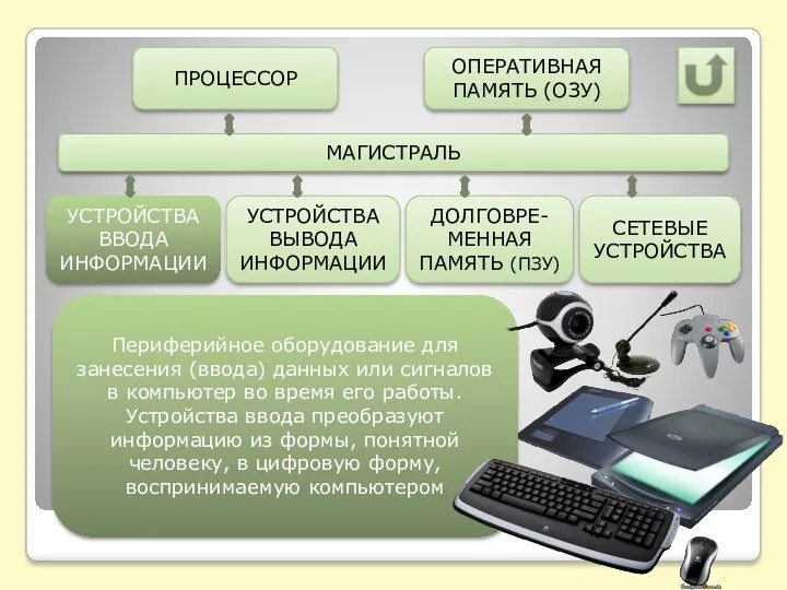 МАГИСТРАЛЬ ПРОЦЕССОР ДОЛГОВРЕ-МЕННАЯ ПАМЯТЬ (ПЗУ) УСТРОЙСТВА ВЫВОДА ИНФОРМАЦИИ УСТРОЙСТВА ВВОДА