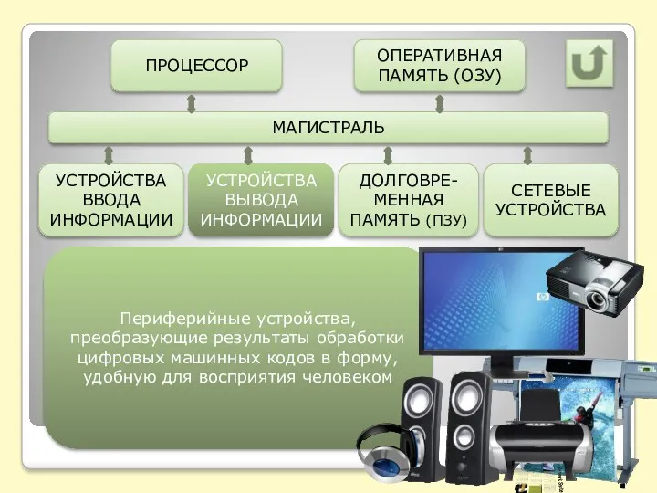 МАГИСТРАЛЬ ПРОЦЕССОР ДОЛГОВРЕ-МЕННАЯ ПАМЯТЬ (ПЗУ) УСТРОЙСТВА ВЫВОДА ИНФОРМАЦИИ УСТРОЙСТВА ВВОДА