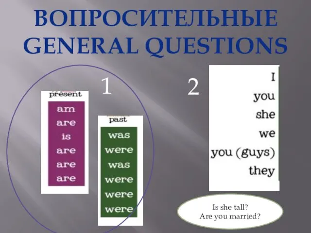 ВОПРОСИТЕЛЬНЫЕ GENERAL QUESTIONS 1 2 Is she tall? Are you married?