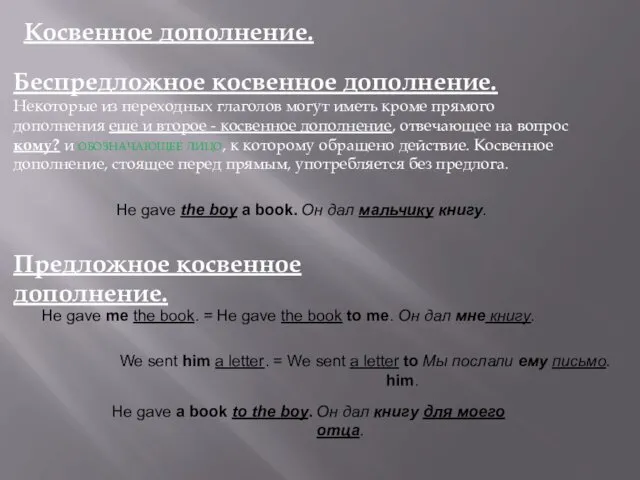 Косвенное дополнение. Беспредложное косвенное дополнение. Некоторые из переходных глаголов могут