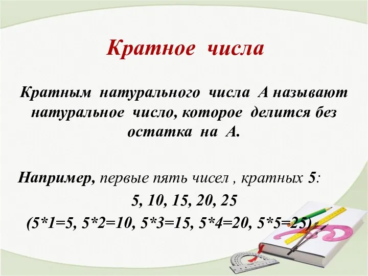 Кратное числа Кратным натурального числа А называют натуральное число, которое делится без остатка