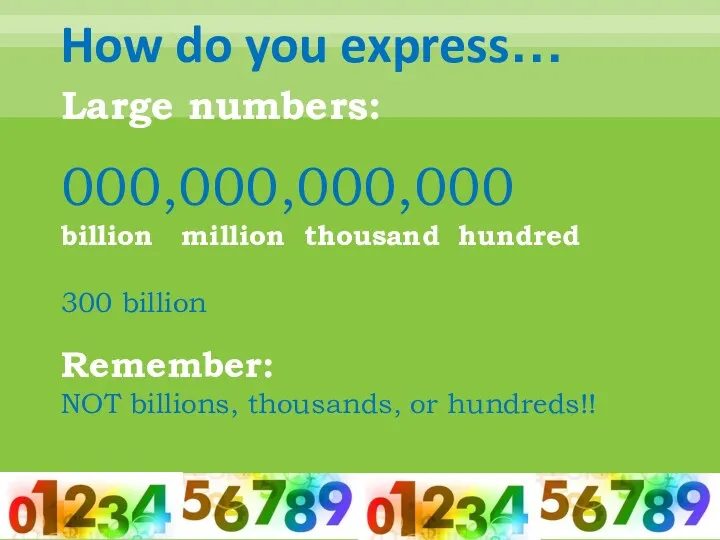 How do you express… Large numbers: 000,000,000,000 billion million thousand