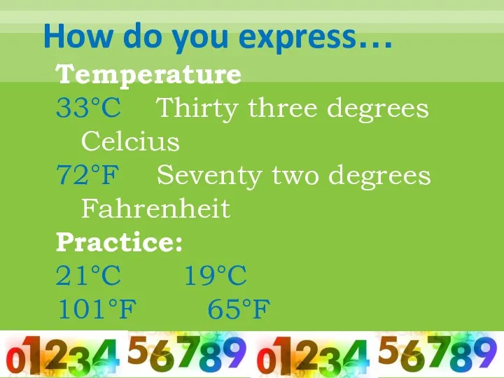 How do you express… Temperature 33°C Thirty three degrees Celcius