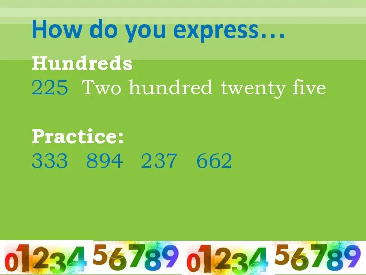 How do you express… Hundreds 225 Two hundred twenty five Practice: 333 894 237 662