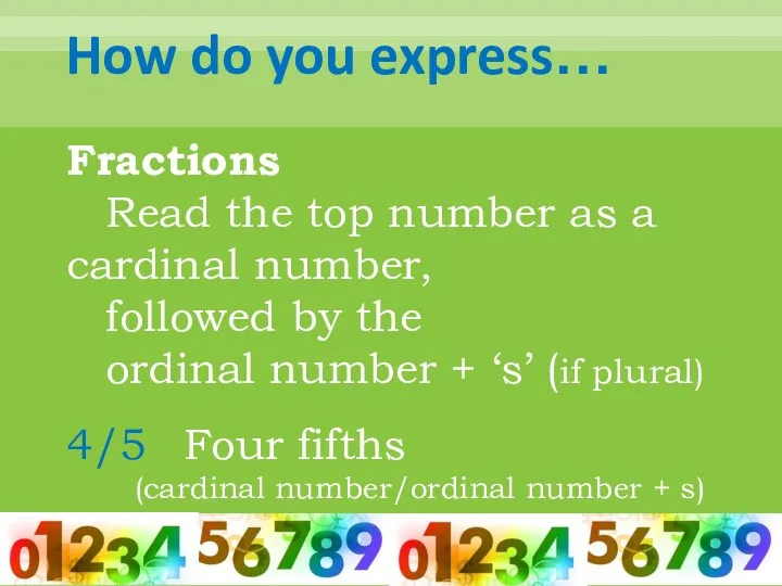 How do you express… Fractions Read the top number as