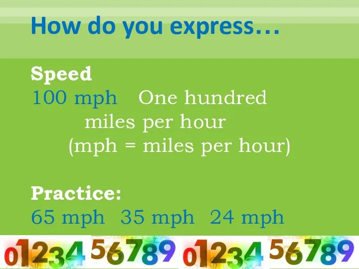 How do you express… Speed 100 mph One hundred miles