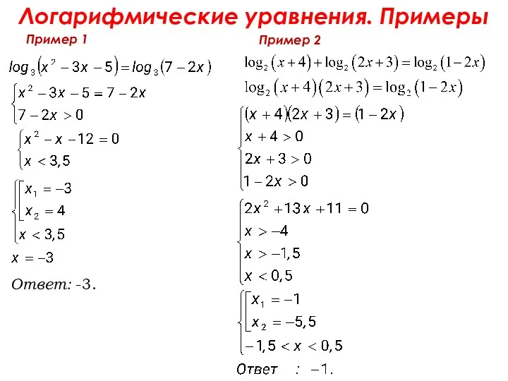 Логарифмические уравнения. Примеры Пример 1 Пример 2 Ответ: -3.