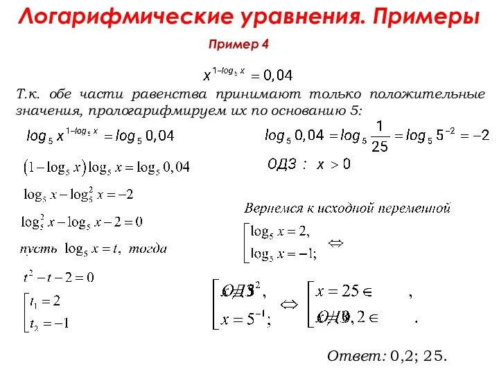 Пример 4 Логарифмические уравнения. Примеры Ответ: 0,2; 25. Т.к. обе