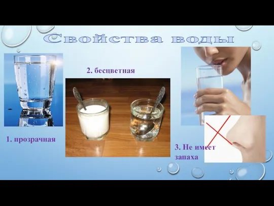 Свойства воды 2. бесцветная 1. прозрачная 3. Не имеет запаха