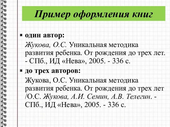 Пример оформления книг один автор: Жукова, О.С. Уникальная методика развития