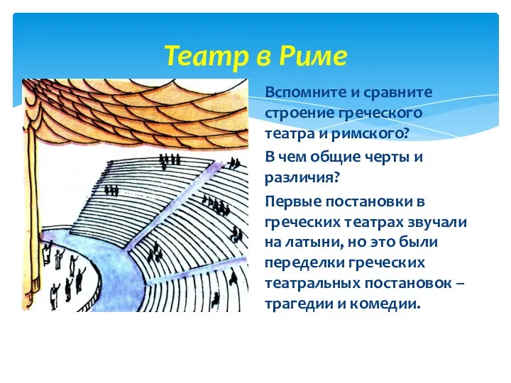 Театр в Риме Вспомните и сравните строение греческого театра и