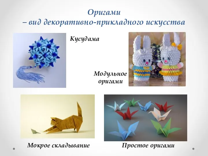Оригами – вид декоративно-прикладного искусства Кусудама Мокрое складывание Модульное оригами Простое оригами