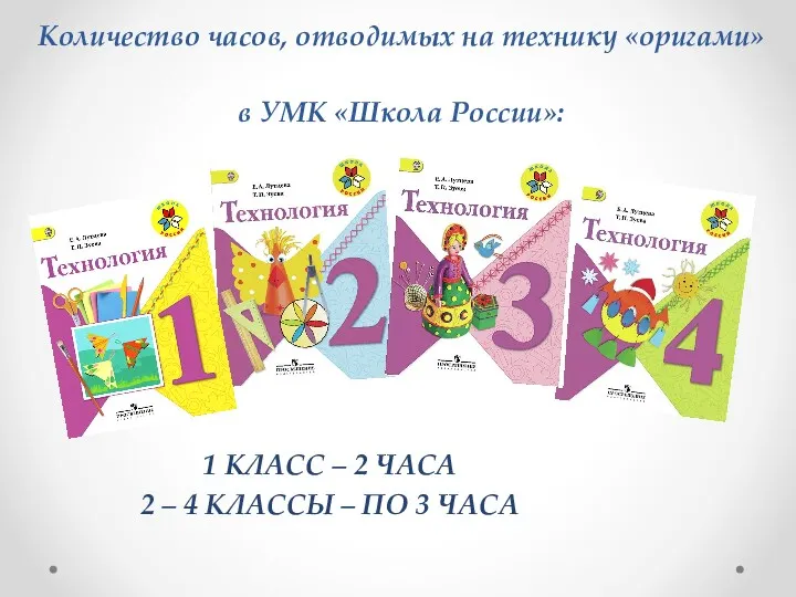 Количество часов, отводимых на технику «оригами» в УМК «Школа России»: 1 КЛАСС –