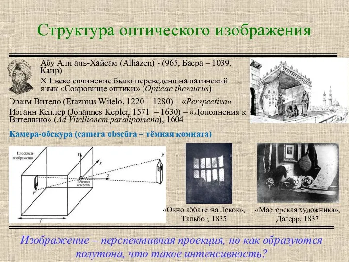 Структура оптического изображения Изображение – перспективная проекция, но как образуются