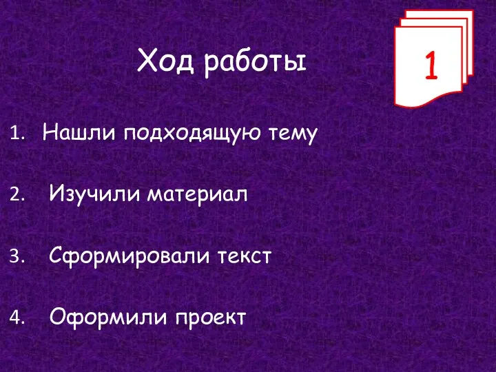 Ход работы Нашли подходящую тему Изучили материал Сформировали текст Оформили проект 11