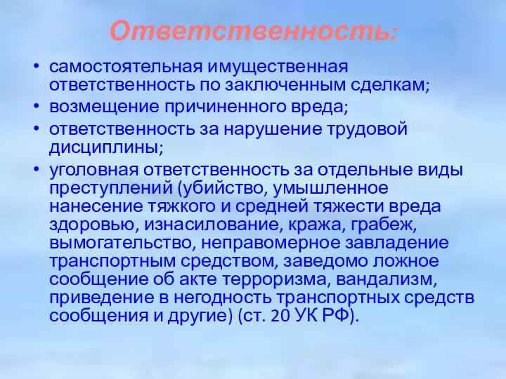 Ответственность: самостоятельная имущественная ответственность по заключенным сделкам; возмещение причиненного вреда;