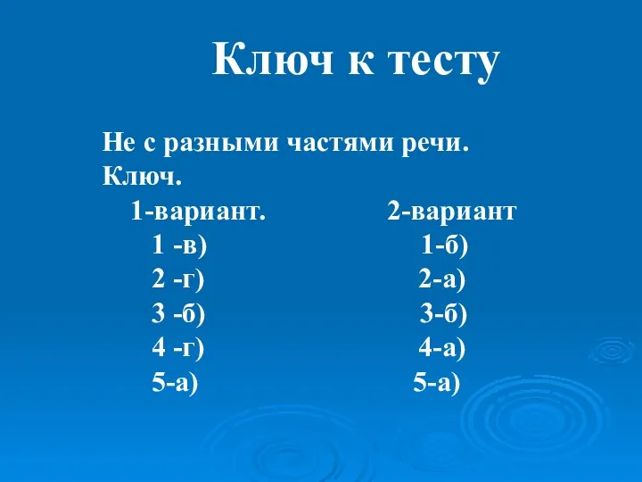 Ключ к тесту Не с разными частями речи. Ключ. 1-вариант.