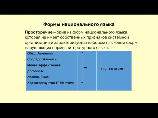 Формы национального языка Просторечие – одна из форм национального языка,