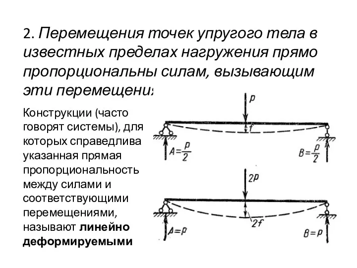 2. Перемещения точек упругого тела в известных пределах нагружения прямо