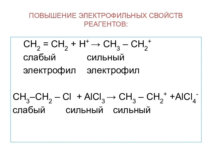 ПОВЫШЕНИЕ ЭЛЕКТРОФИЛЬНЫХ СВОЙСТВ РЕАГЕНТОВ: СН2 = СН2 + Н+ →