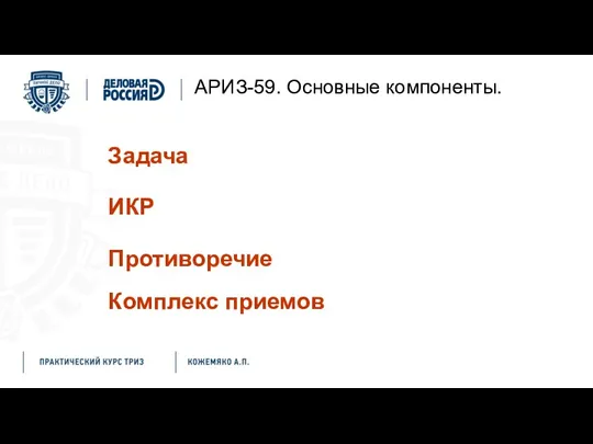 Задача ИКР Противоречие Комплекс приемов АРИЗ-59. Основные компоненты.