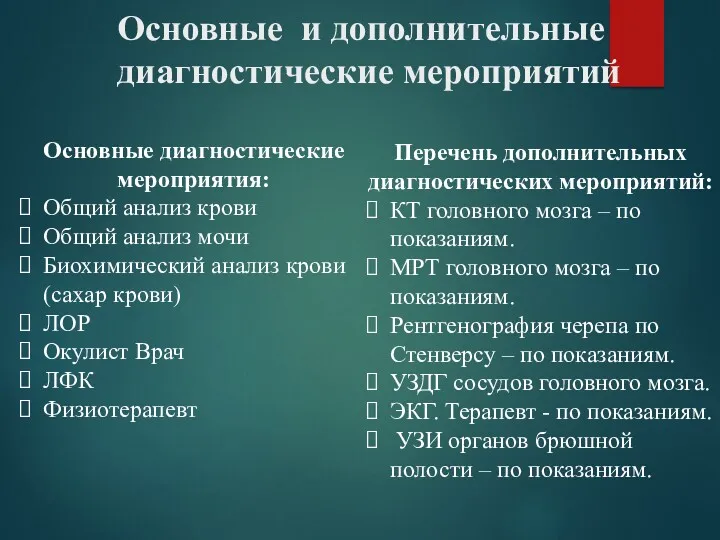 Основные и дополнительные диагностические мероприятий Перечень дополнительных диагностических мероприятий: КТ