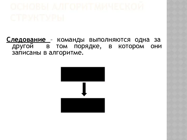 ОСНОВЫ АЛГОРИТМИЧЕСКОЙ СТРУКТУРЫ Следование – команды выполняются одна за другой