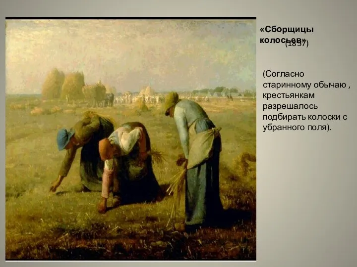 «Сборщицы колосьев» (1857) (Согласно старинному обычаю ,крестьянкам разрешалось подбирать колоски с убранного поля).