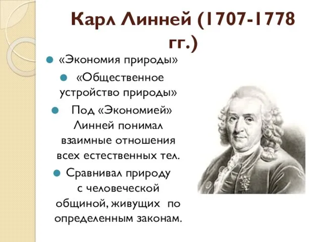 Карл Линней (1707-1778 гг.) «Экономия природы» «Общественное устройство природы» Под