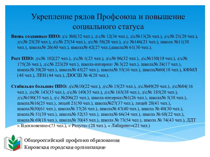 Общероссийский профсоюз образования Кировская городская организация Укрепление рядов Профсоюза и