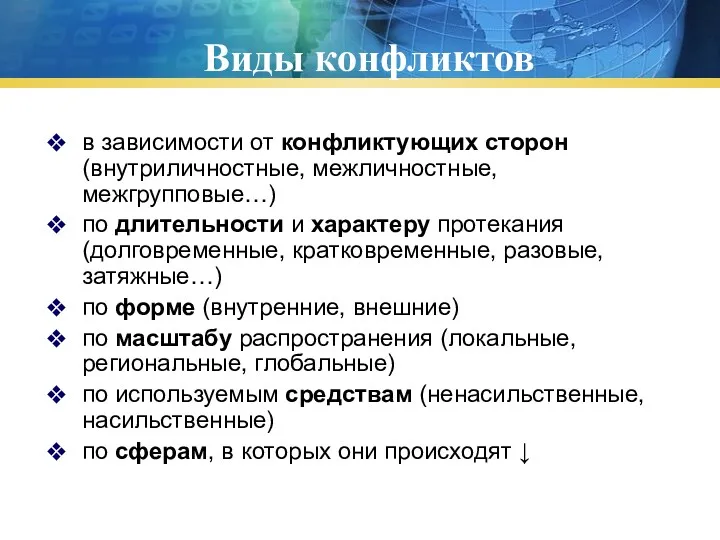 Виды конфликтов в зависимости от конфликтующих сторон (внутриличностные, межличностные, межгрупповые…)