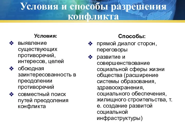 Условия и способы разрешения конфликта Условия: выявление существующих противоречий, интересов,