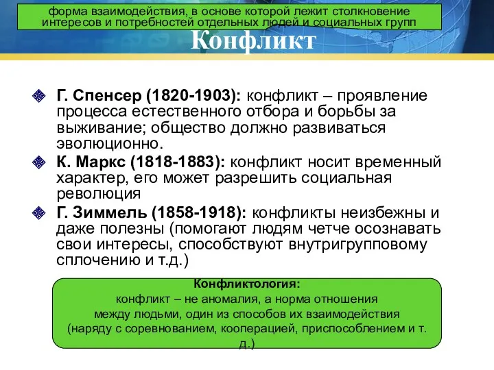 Конфликт Г. Спенсер (1820-1903): конфликт – проявление процесса естественного отбора