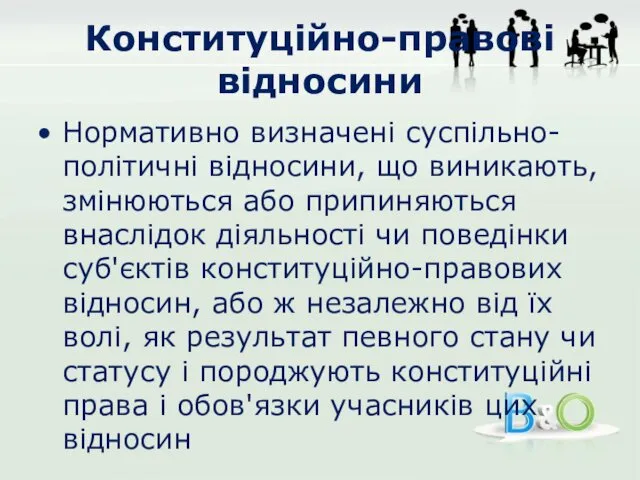 Конституційно-правові відносини Нормативно визначені суспільно-політичні відносини, що виникають, змінюються або припиняються внаслідок діяльності