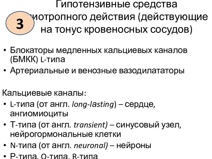 Гипотензивные средства миотропного действия (действующие на тонус кровеносных сосудов) Блокаторы медленных кальциевых каналов