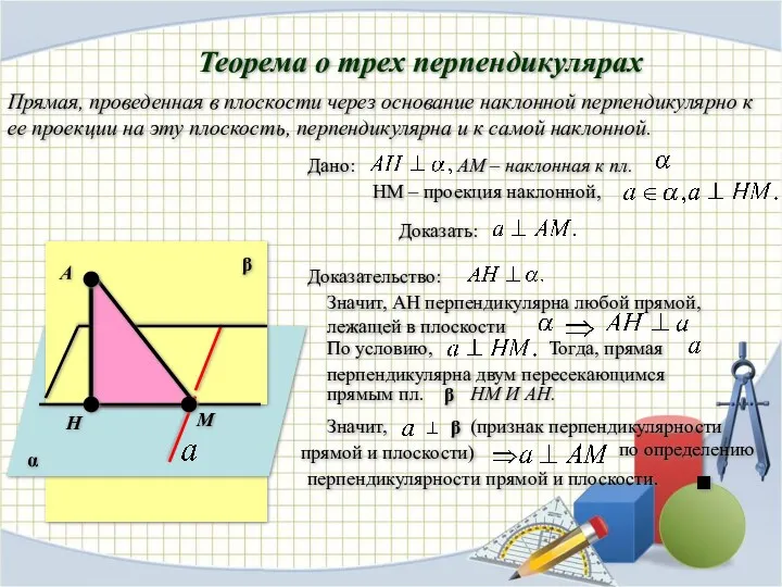 Теорема о трех перпендикулярах Прямая, проведенная в плоскости через основание наклонной перпендикулярно к
