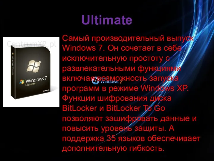 Ultimate Самый производительный выпуск Windows 7. Он сочетает в себе