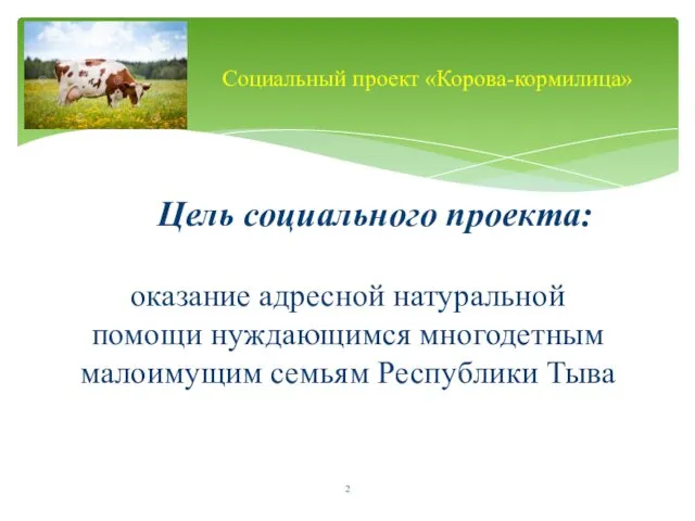 Цель социального проекта: оказание адресной натуральной помощи нуждающимся многодетным малоимущим семьям Республики Тыва Социальный проект «Корова-кормилица»