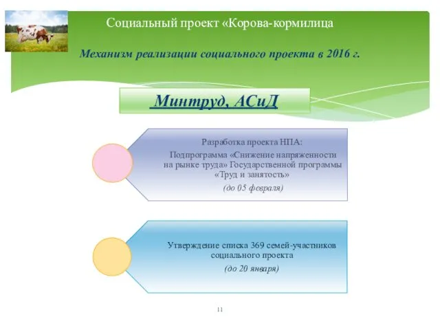 Социальный проект «Корова-кормилица Механизм реализации социального проекта в 2016 г. Минтруд, АСиД