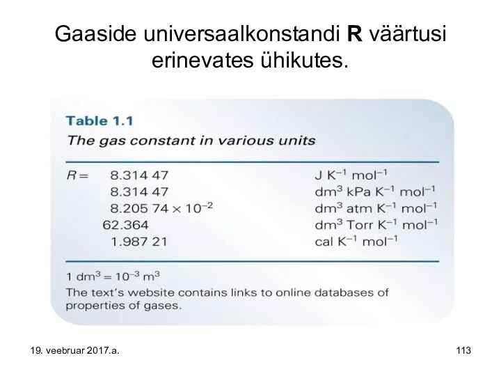 Gaaside universaalkonstandi R väärtusi erinevates ühikutes. 19. veebruar 2017.a.