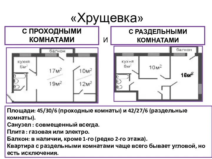 «Хрущевка» С ПРОХОДНЫМИ КОМНАТАМИ С РАЗДЕЛЬНЫМИ КОМНАТАМИ И Площади: 45/30/6