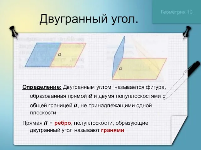 Двугранный угол. Определение: Двугранным углом называется фигура, образованная прямой a