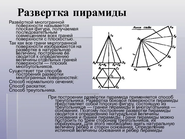 Развертка пирамиды Развёрткой многогранной поверхности называется плоская фигура, получаемая последовательным
