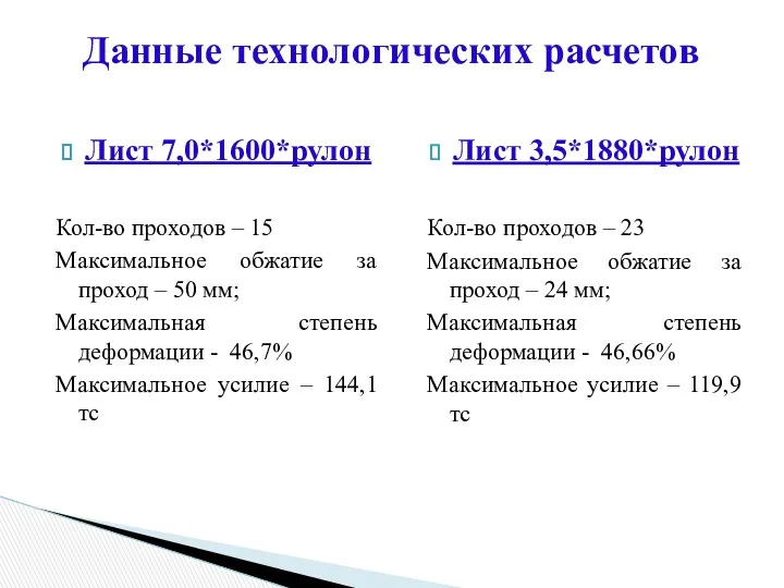 Лист 7,0*1600*рулон Кол-во проходов – 15 Максимальное обжатие за проход